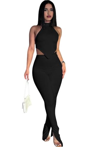 Ekaliy Two Piece Outfits for Women Sleeveless Crop Top Ribbed High Waist Long Pants Sets Party Jumpsuits Clubwear4