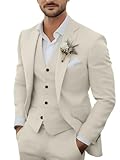 3-teiliges Herren-Anzug-Set aus Leinen, lässig, leicht, Blazer, Jacken, Westen, Hosen, Set für Hochzeit, Business, Abschlussball, Anzug, Beige, M