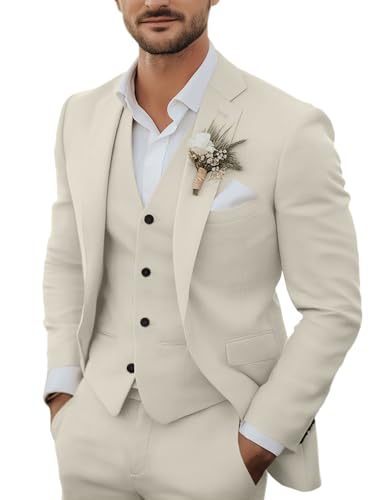 Men's 3 Piece Linen Suits Casual Lightweight Blazer Jackets Vest Pants Set for Wedding Business Prom Suit