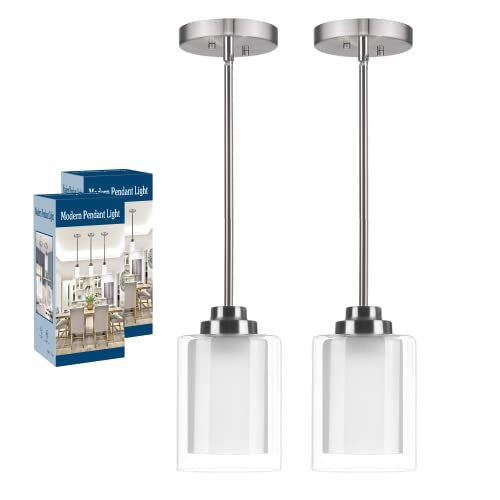 Jazava Modern Pendant Light 1-Light, 2 Pack Adjustable Mini Hanging Ceiling Light With Dual Glass In Brushed Nickel, Perfect For Kitchen Bedroom Hallway #TOP21