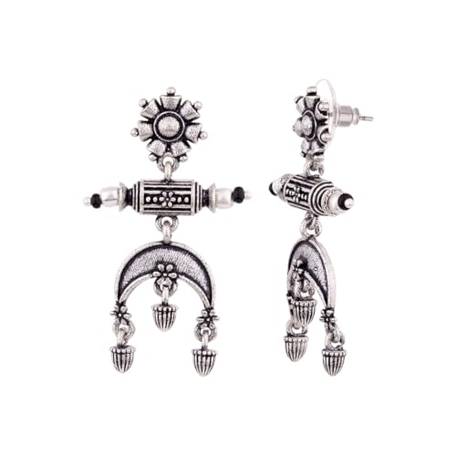 Image of Voylla Oxidised Silver Plating Brass Floral Motifs Dangler Earrings for Women and Girls, Boho /Tribal Style
