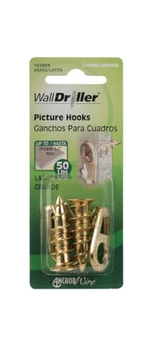 Image of Hillman 122403 Small Self-Drilling White Wall Driller Picture Hangers 50lbs Package of 2, Brass