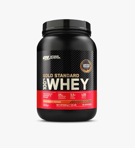 Optimum Nutrition Gold Standard 100% Whey Proteína en Polvo, Edición Limitada Chocolate y Naranja, 24 g Proteína, 5,5 g BCAA, Baja en Azúcar, Desarrollo y Reparación Muscular, 30 Raciones, 930 g
