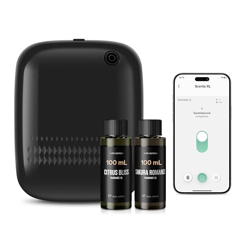 Airversa Smart Waterless Essential Oil Diffuser (400 mL Capacity) Starter Kit with 200mL Fragrance Scent Oils, Up to 2000 sq ft App Control Scent Air Machine with 12V1A Power Adapter, ANW Kit Black