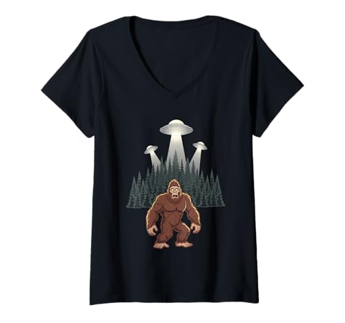 Womens Bigfoot UFO Abduction Funny Cryptid Alien Forest V-Neck T-Shirt