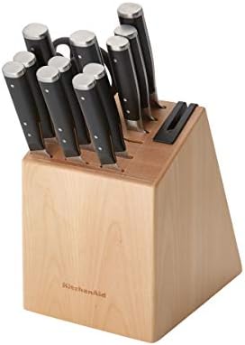 KitchenAid Gourmet 14 Piece Forged Triple Rivet Knife Block Set with Built in Knife Sharpener, High Carbon Japanese Stainless Steel Kitchen Knives, Sharp Kitchen Knife Set with Block, Birchwood