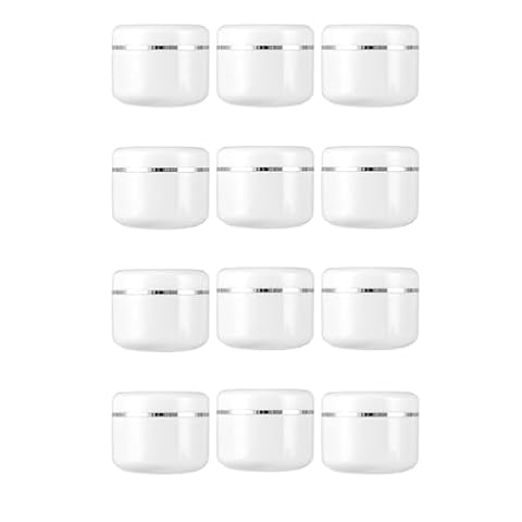 Shirene Zestaw 12 pojemników podróżnych, 50 ml, białe, tworzywo sztuczne, zakręcana pokrywka, okrągłe, pojemniki na kosmetyki, pojemnik, pojemnik podróżny