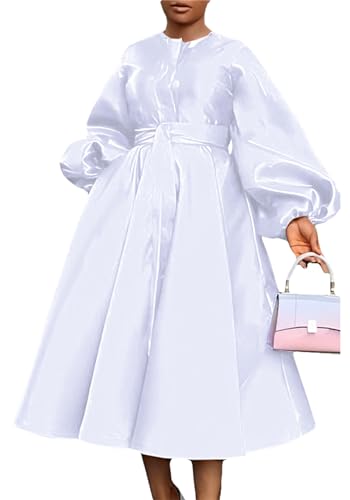 YOOTIKO Women Long Sleeve Satin Dress Button Flowy A Line Formal Cocktail Babydoll Dress with Belt2
