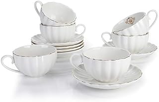 Amazingware Porcelain Tea Cups and Saucers, 240 ml Coffee Cups with Gold Trim and Gift Box, Set of 6, White