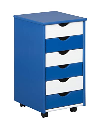 Inter Link – Rollcontainer – Rollcontainer mit 6 Schubladen – Bürocontainer - Rollschrank – Rollwagen – Schubladenkommode - Massiv Kieferholz – Blau/Weiß Lackiert – BxTxH: 35x39x66 cm – Beppo