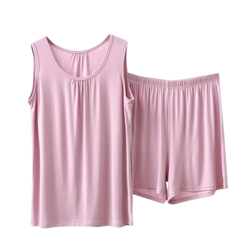 Summer Comfy Cotton Pajama Sets for Women 2 Piece Soft Lounge Shorts and Tank Top Sleeveless Sleepwear for Travel Pink