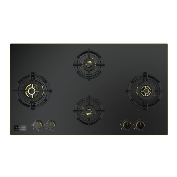 Hindware IVANA 4B 90 CM | Built in Hob With Flame Failure Device | Frost Glass with Golden Coated SS Strips | Gold Metallic Finish & Jet Black Knobs - Image 3