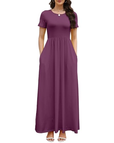 Image of COSSEN Women's Crew Neck Short Sleeve Maxi Dress with Pockets Casual Loose Swing for Wedding Guest Beach Vacation