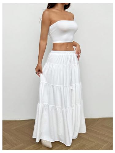 SOLY HUX Women's Summer 2 Piece Outfits Bandeau Tube Top and Ruffle Hem Long Skirt Set3