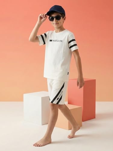 Image of Li'l Tomatoes Boys 100% Cotton Night Suit Set | Half Sleeve T-Shirt & Shorts | Color Block & Typography Print | Soft & Breathable Sleepwear | Casual Summer Wear | 9-16 Years