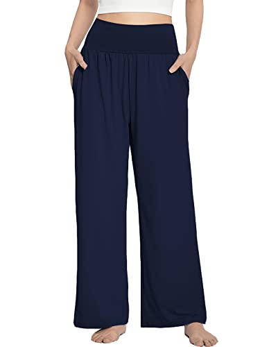 Jenkoon Women's Comfy Casual Pants Wide Leg Lounge Pants Flowy Palazzo Pants Workout Athletic Pants With Pockets(Navy,M) #TOP25