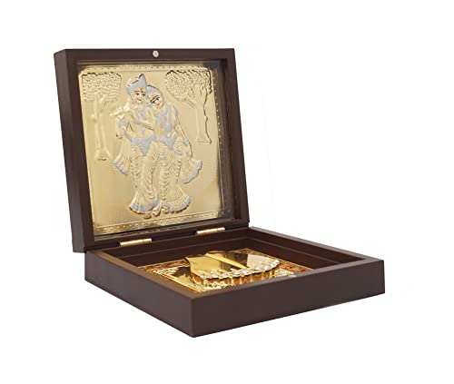 Image of Idolkart 24k Gold and 999 Silver Coated Radha Krishna Murti Pocket Temple 4x4 Inch - Radha Krishna Pooja Box for Mandir Decor and Home Decor | Radhe Krishna Idol Puja Box for House Warming Gift