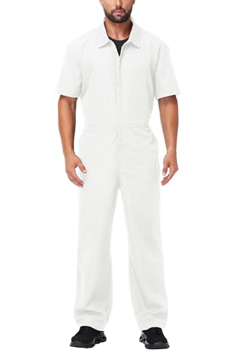 Men White Jumpsuit Short Sleeve Caddy Costume Overalls Elastic Waist Solid Color Outfits 2XL