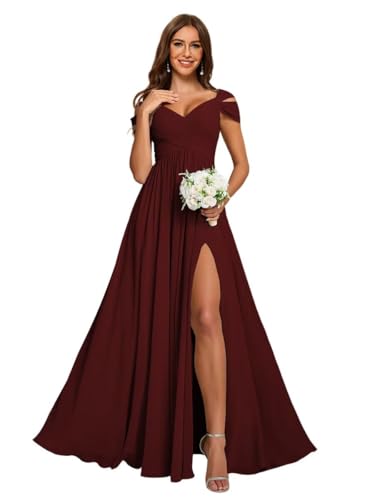 Women's Off Shoulder Ruched Bridesmaid Dresses Long with Pockets Slit Chiffon Formal Evening Dress VS180