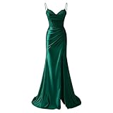 Zeeyecie Spaghetti Strap V-Neck Satin Emerald Green Prom Dresses Corset Tight Mermaid Beaded Glitter Backless Sexy Evening Formal Ball Gowns with Slit US8