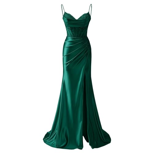 Zeeyecie Spaghetti Strap V-Neck Satin Emerald Green Prom Dresses Corset Tight Mermaid Beaded Glitter Backless Sexy Evening Formal Ball Gowns with Slit US8