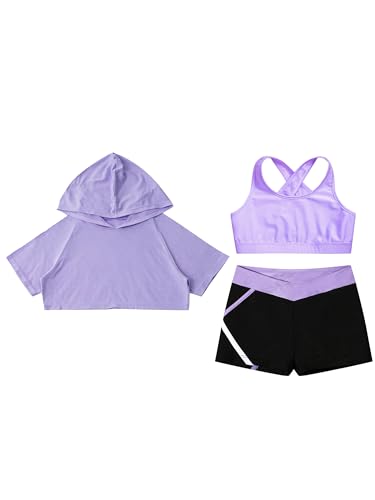 YEAHDOR Enfant Fille Ensemble Sport Justaucorps Manches Courtes Sweat à Capuche + Brassière Sport + Short Gymnastique Fitness Running Sportswear 5-16 Ans Une lavande 9-10 ans – vue 5
