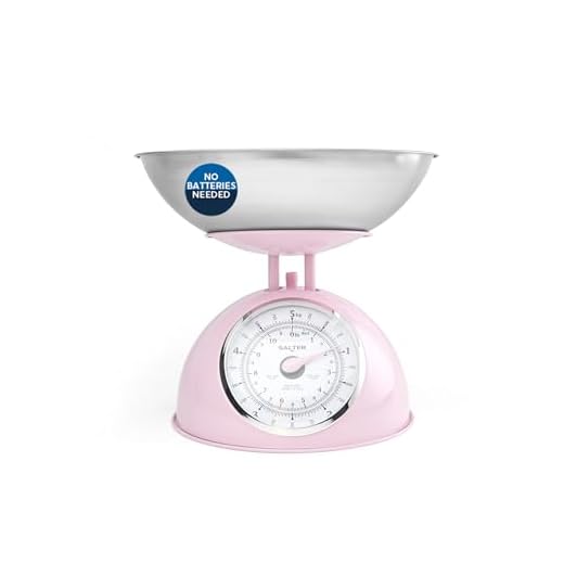 Salter Retro Roze Mechanische Keukenweegschaal – Goed Afleesbare Grote Roterende Wijzerplaat, 5 kg Capaciteit, Vaatwasmachinebestendige Kom van 1 Liter, Analoge Voedselweegschaal, 22 cm Hoogte