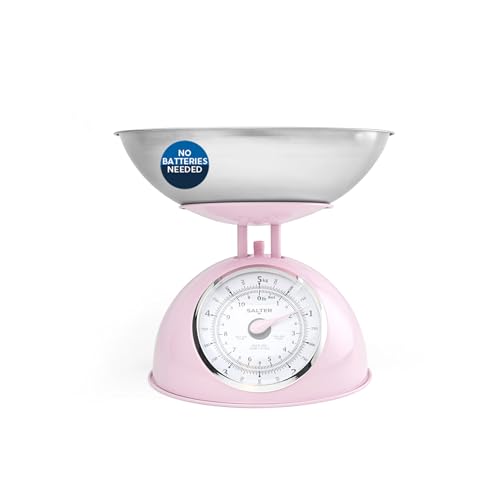 Báscula de Cocina Mecánica Retro Rosa Salter – Esfera Giratoria Grande de Fácil Lectura, Capacidad de 5 kg, Bol Seguro para Lavavajillas de 1 Litro, Báscula Analógica para Alimentos, Altura de 22 cm