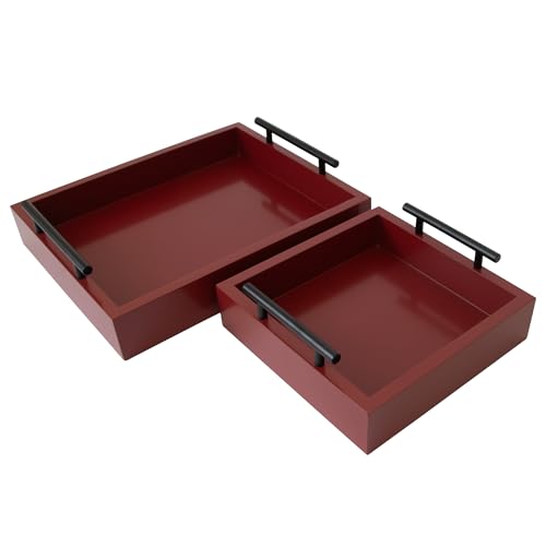 KOLURAFUL Set of 2 Serving Tray with Handles - for Coffee Table, Breakfast, Dinner Kitchen Living Room Bedroom, Home Decor for All Occasions, Red, Size S+M