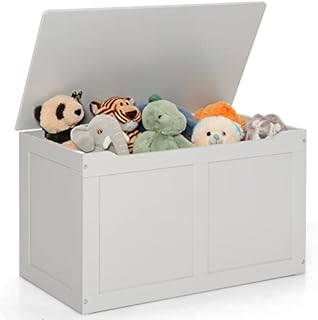 COSTWAY Kids Toy Storage Box, Wooden Children Toys Chest Organizer Cabinet Bench with Flip-Top Lid and Safety Hinge for Playroom Bedroom (Grey)