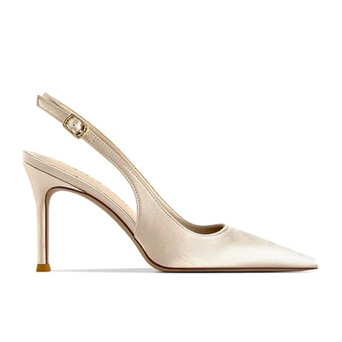 Women's Satin Stiletto Pointed Slingback Sexy Pumps with Adjustable Ankle Strap Fashion Skinny High and Mid Heel Pointed Close Toe Slip-On Dress Mules Sandals for Wedding Party Business