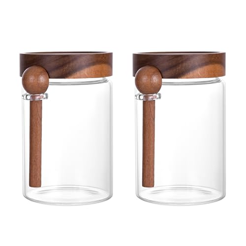 SAIOOL 30 oz (2-Pack) High Borosilicate Glass Food Storage Containers with Spoons, Airtight Screw-Tight Lid for Kitchen Pantry - Dry Food, Coffee,Tea,Snacks, Flour Canisters, High Transparency