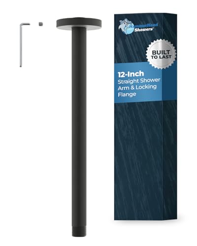 HammerHead Showers Solid Metal 12 Inch Ceiling Mount Shower Arm and Flange with Set Screw, Extra Long Straight Shower Arm for Rain Shower Head, Ceiling-Mounted Rain Shower Arm, Matte Black