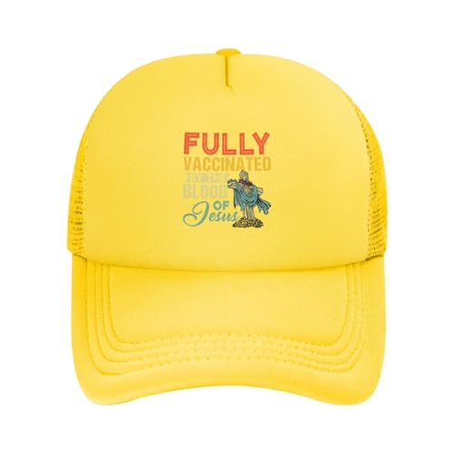 XVBCDFG Fully Vaccinated by The Blood of Jesus Christian Trucker Hat Women Mesh Baseball Cap Sun Hat Men Dad Hat Black, jaune, Taille unique