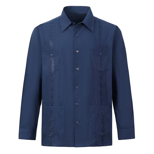 Camisas Guayabera de manga larga para hombre Camisas cubanas, Azul Marino, 5X-Large