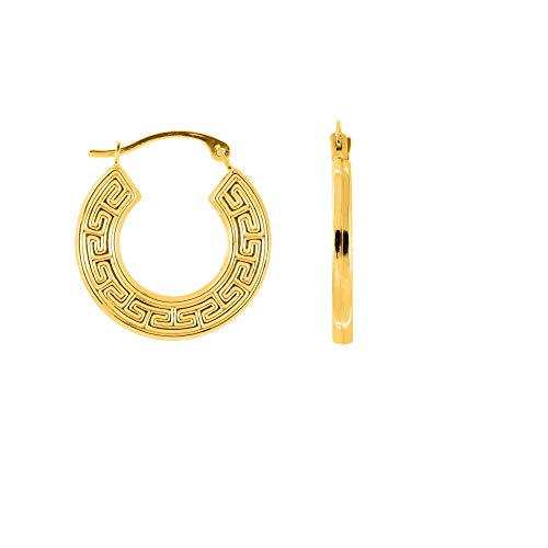10K Yellow Gold Textured Greek Key Pattern Round Hoop Earring with with Hinged Clasp