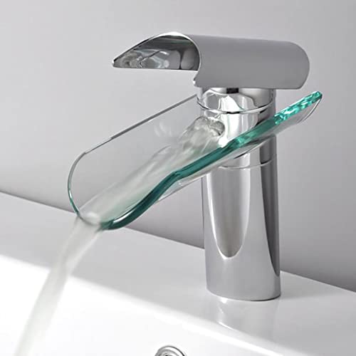 Mitigeur cascade de lavabo chrome et verre pour salle de bain moderne