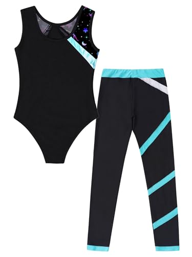 Kids Girls Dance Skating Outfit Sleeveless Printed Patchwork Leotard and Colorblock Leggings Tracksuit4
