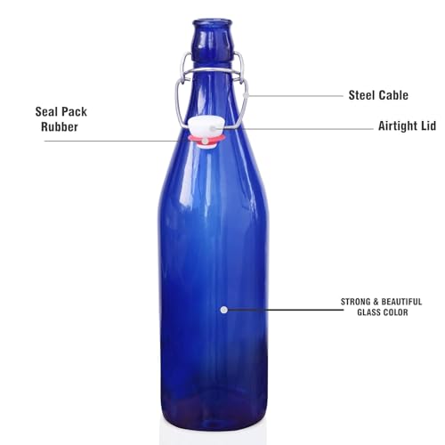 Image of Pure Source India Leak-Proof Reusable Blue Glass Water Bottle 1L with Airtight Steel Lock (Set of 2)