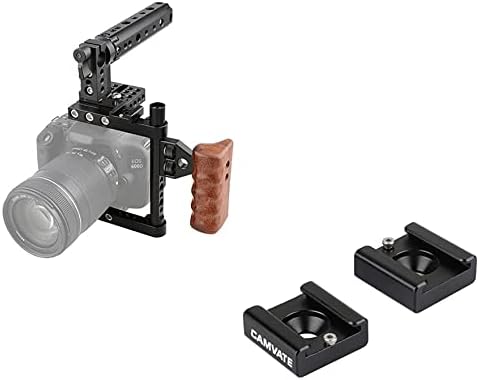 CAMVATE DSLR Camera Cage Top Handle Wood Grip + Cold Hot Shoe(2 Pieces) for DSLR Camera Rig