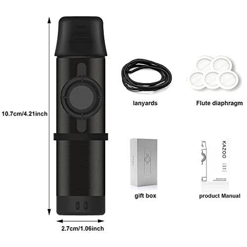 HASTHIP® Metal Kazoo Musical Instrument, Aluminum Alloy Kazoo with 5 Replaceable Kazoo Membranes, Lanyard, Mouthpiece Cover, Easy to Learn Musical Instruments for Kids/adults/Music Lovers (Black)