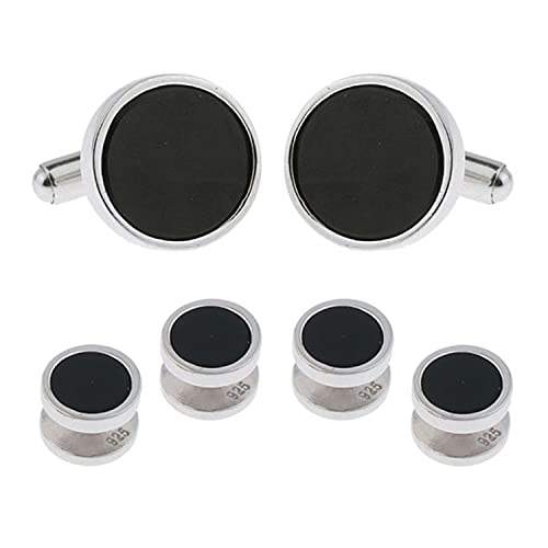 Mens Sterling Silver Black Onyx Cufflinks and Studs Formal Set with Presentation Box - Solid 925 Sterling Silver Wedding Party Tuxedo Shirt Studs - 5/8" cufflinks 3/8" studs Heirloom Luxury Set2