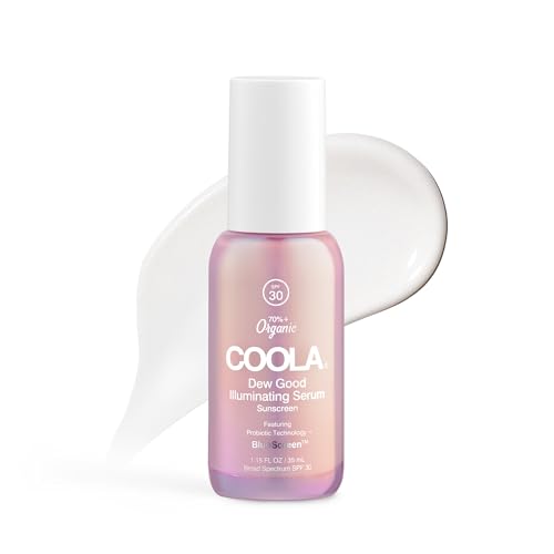 COOLA Organic Dew Good Illuminating Probiotic Serum with SPF 30, Dermatologist Tested Sunscreen with Plant-Derived BlueScreen Digital De-Stress Technology, 1.15 Fl Oz