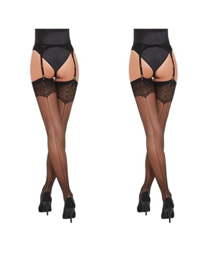 Fiore - Bas nylon à couture sexy femmes pour porte-jarretelles en voile 20 DEN – Noir lot 2 - L