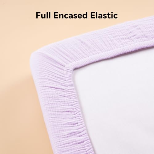 Image of TILLYOU Muslin Mini Crib Sheets 2 Pack, Pack and Play Mattress Sheets Fitted for Pack N Play, 38 x 26 Sheet for Toddler, Grey and Purple