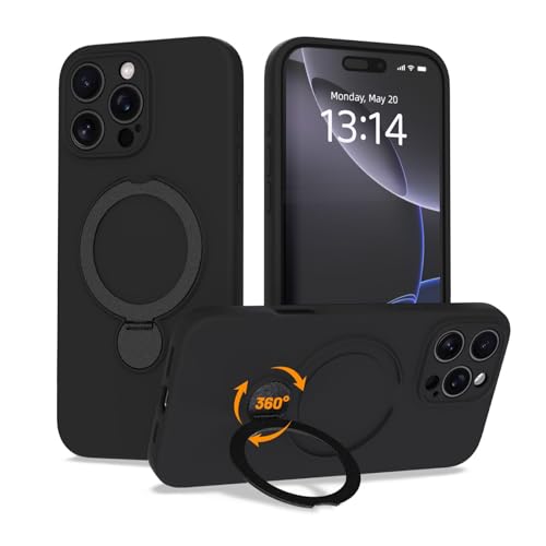 IAIYOXI Upgraded 360 Spin for iPhone 15 Pro Silicone case with Invisible Stand Soft Anti-Scratch Microfiber Lining Inside Phone Cover with Kickstand Rotatable for Women and Men Black