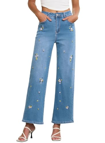 Sidefeel Women's Straight Leg Embroidered Jeans High Waisted Stretchy Wide Leg Denim Pants Light Blue Size 10