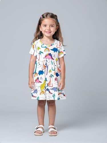 Winzik Toddler Summer Dress, Little Girls Short Sleeve Cotton Casual Dresses Dinosaur Clothes 2-8 Years (3-4T, Colorful Dinosaur)