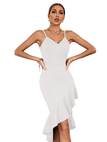 Umenlele Women's V Neck Wrap Asymmetric Ruffle Hem Sleeveless Spaghetti Strap Bodycon Party Midi Dress White Small #TOP3