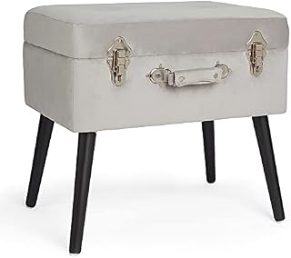 BTFY Grey Velvet Footstool  Silver Storage Trunk Stool  Chest Seat with Graphite Detailed Clasps  Padded & Cushioned Pouffe Footrest with Black Legs for Bedroom, Living Room, Dressing Room, Hallway